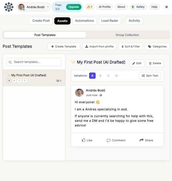 Group Posting — templates and AI variations